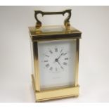 Lever carriage clock timepiece by Beadle and Hill in corniche style case with moulded corners.