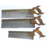 Three Spear & Jackson wood saws 2x No26, 14" blade also a small 10" blade (3) stamped with names of
