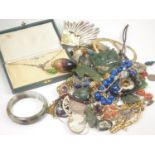 Quantity of costume jewellery, Blue John scent bottle, hardstone beads, coins and various other