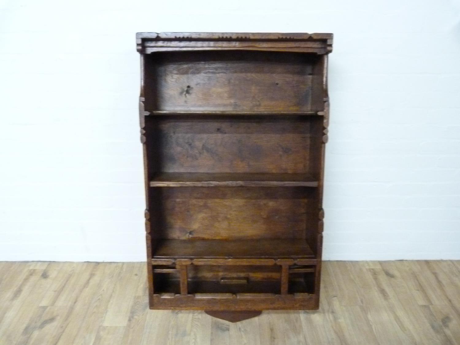 Provincial Arts & Crafts oak bookcase by Orlando Greenwood, with raised back, graduated shelves - Image 3 of 6