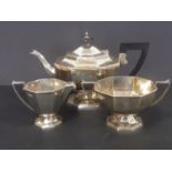 Silver three-piece tea set of octagonal shape, initialled, by Walker & Hall, Sheffield 1937.