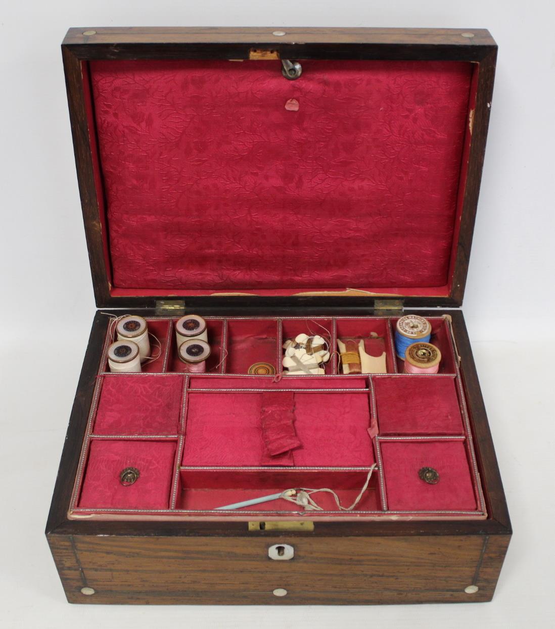 Victorian rosewood work box with inlaid mother of pearl roundels and stringing, the interior with - Image 2 of 3