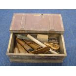 Vintage carpenters tool chest containing wooden moulding planes, oil stones, hand saws etc