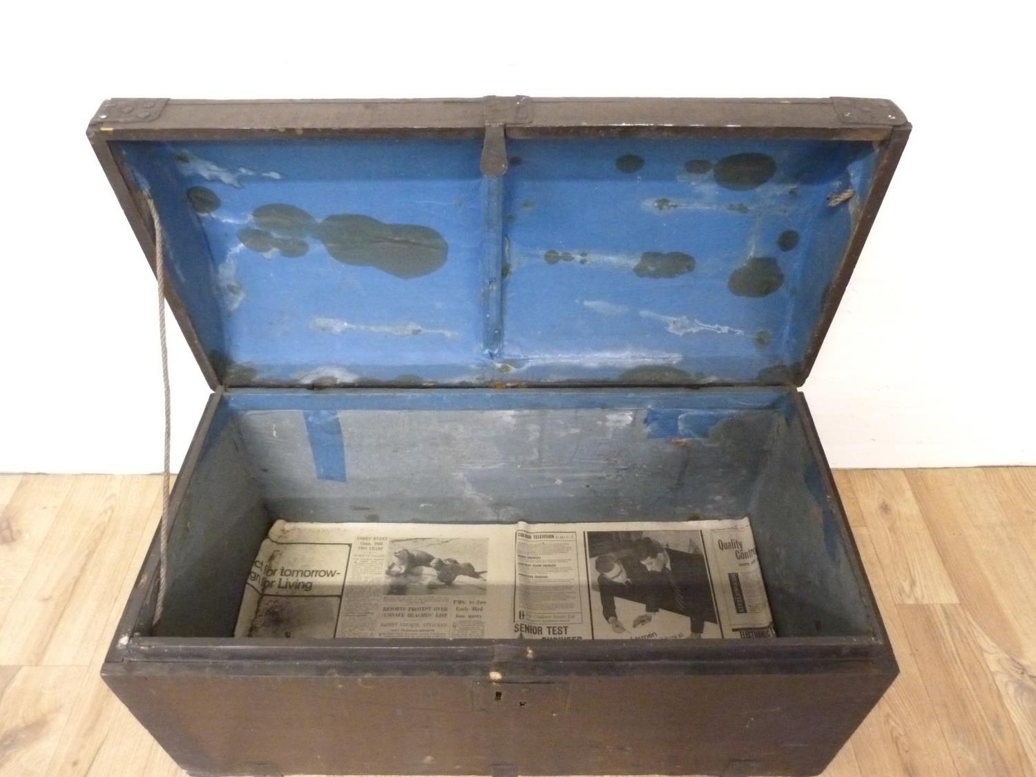 Antique black painted dome top trunk with metal banding and carrying handles, 27cm wide. - Image 3 of 4