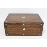 Victorian rosewood work box with inlaid mother of pearl roundels and stringing, the interior with