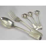 Silver dessert spoon and fork, 1844 and 1853 and three salt spoons 1804. (5).