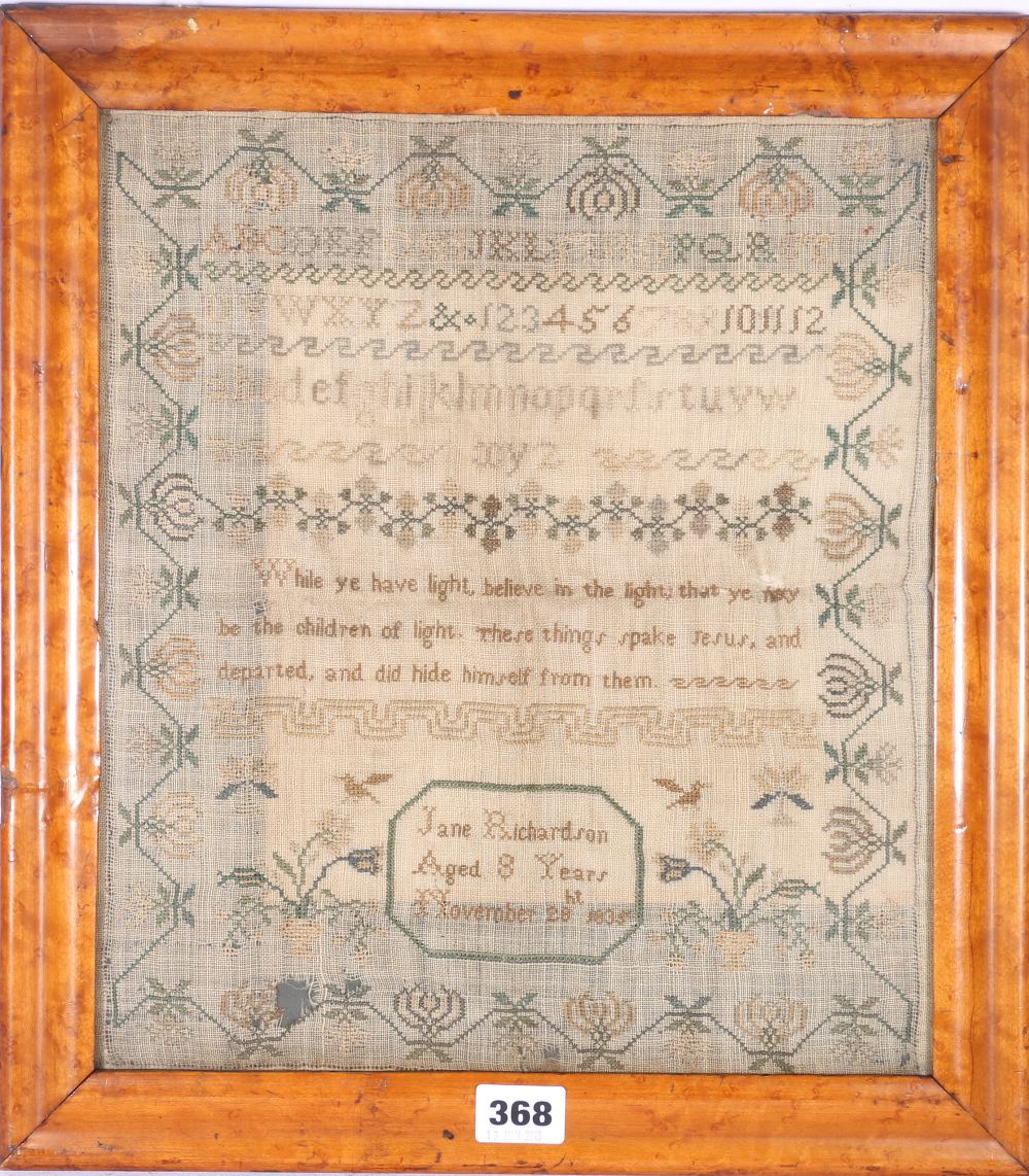Georgian needlework sampler with alphabet, numerals and religious verse by Jane Richardson, aged 8