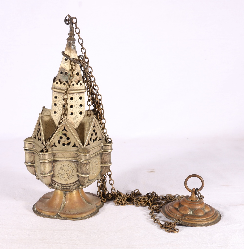 Metal thurible incense vessel of architectural form, incised IHS monogram (Jesus) and cross fleury