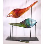 Contemporary art glass sculpture, loosely modelled as fish, etched signature perhaps Bob Glass, on