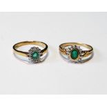 Two diamond and emerald oval cluster rings in 9ct gold, sizes N and P, 4.5g.