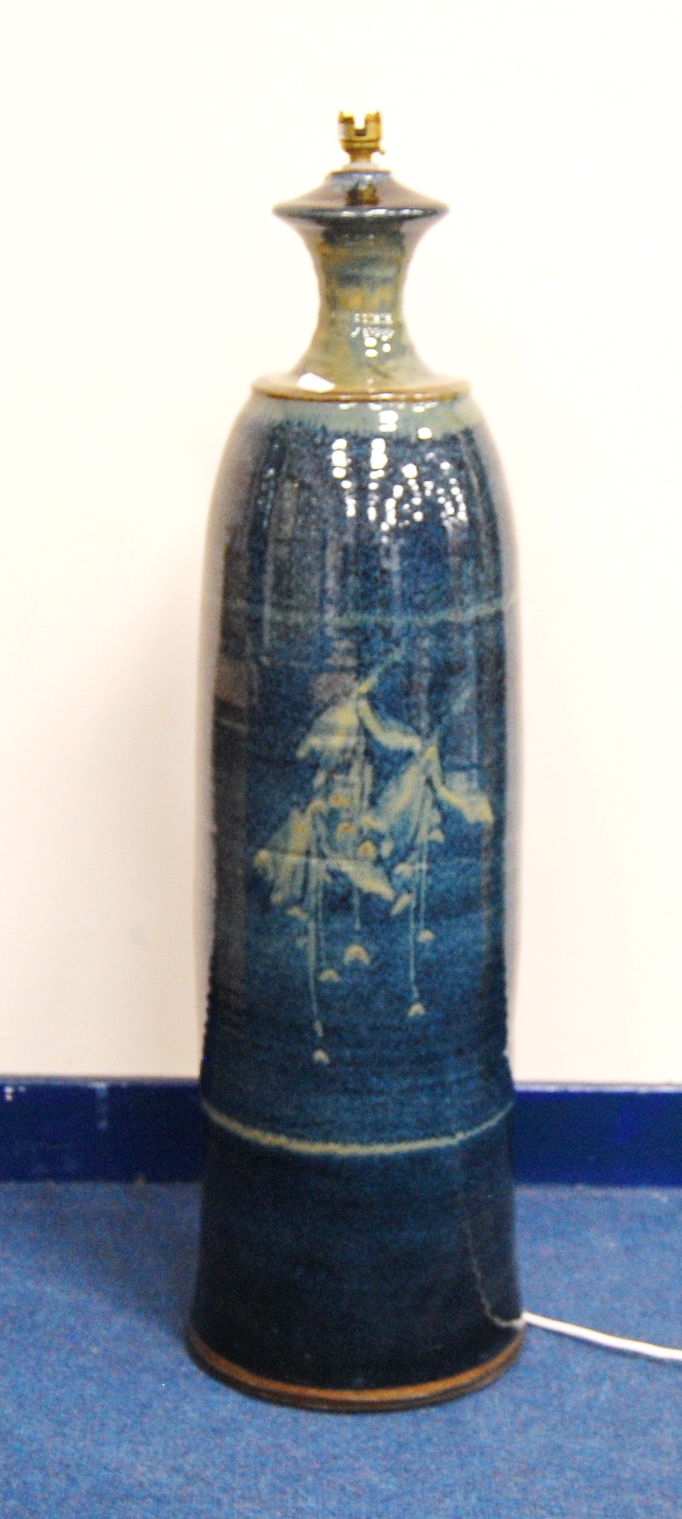 Studio pottery floor lamp by Louis Mulcahy, blue glaze with floral design, 82cm high.