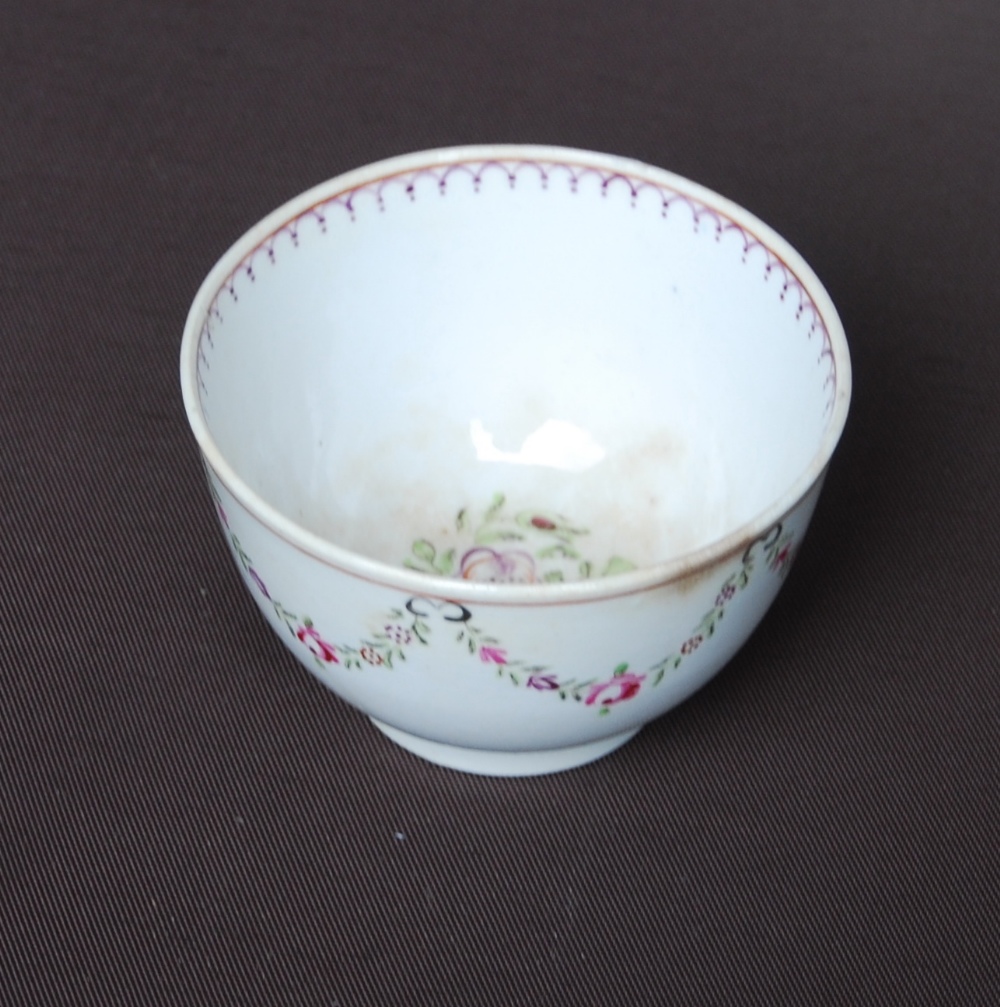 Late 18th century English porcelain tea bowl with two saucers, polychrome rose sprays & swags, - Image 8 of 13