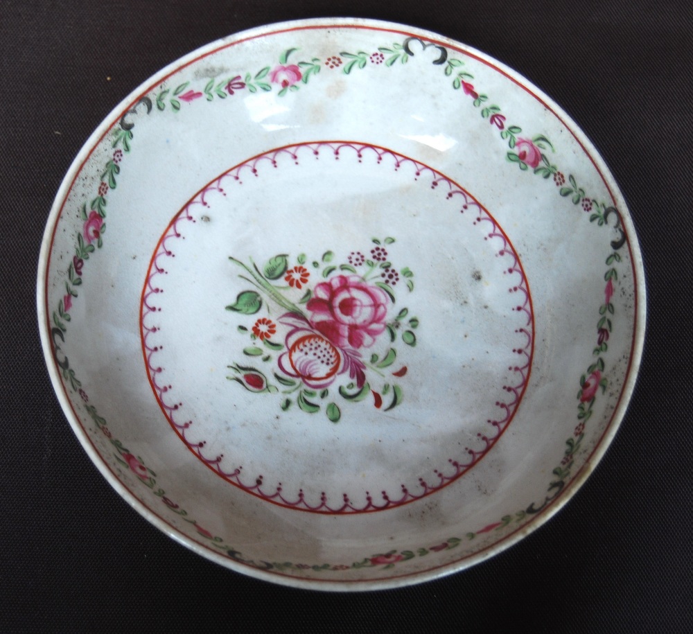 Late 18th century English porcelain tea bowl with two saucers, polychrome rose sprays & swags, - Image 2 of 13