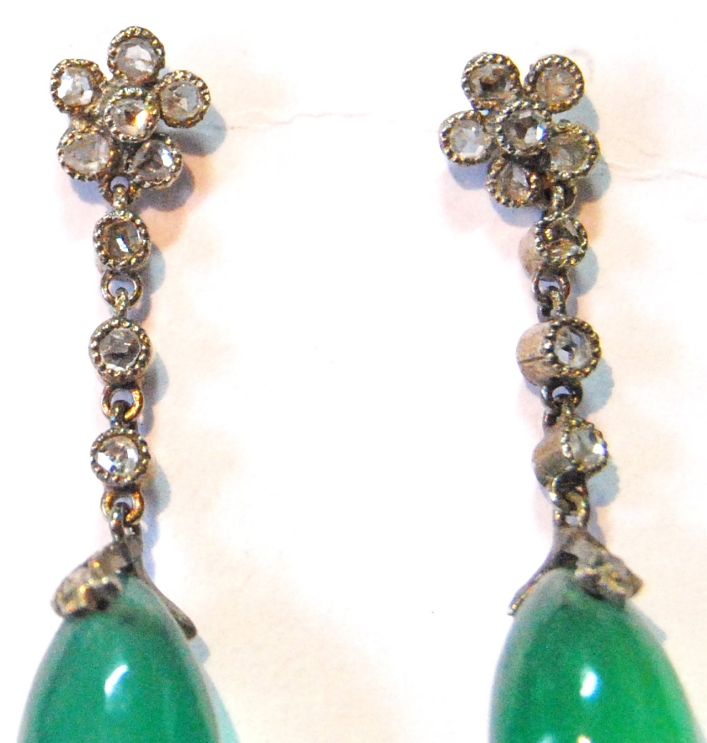 Pair of chrysoprase drop earrings with mounts, cluster and row of tiny rose diamonds, yellow and - Image 2 of 2