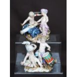 Pair of Meissen figure groups, each of two semi clad children playing at soldiers, one group with