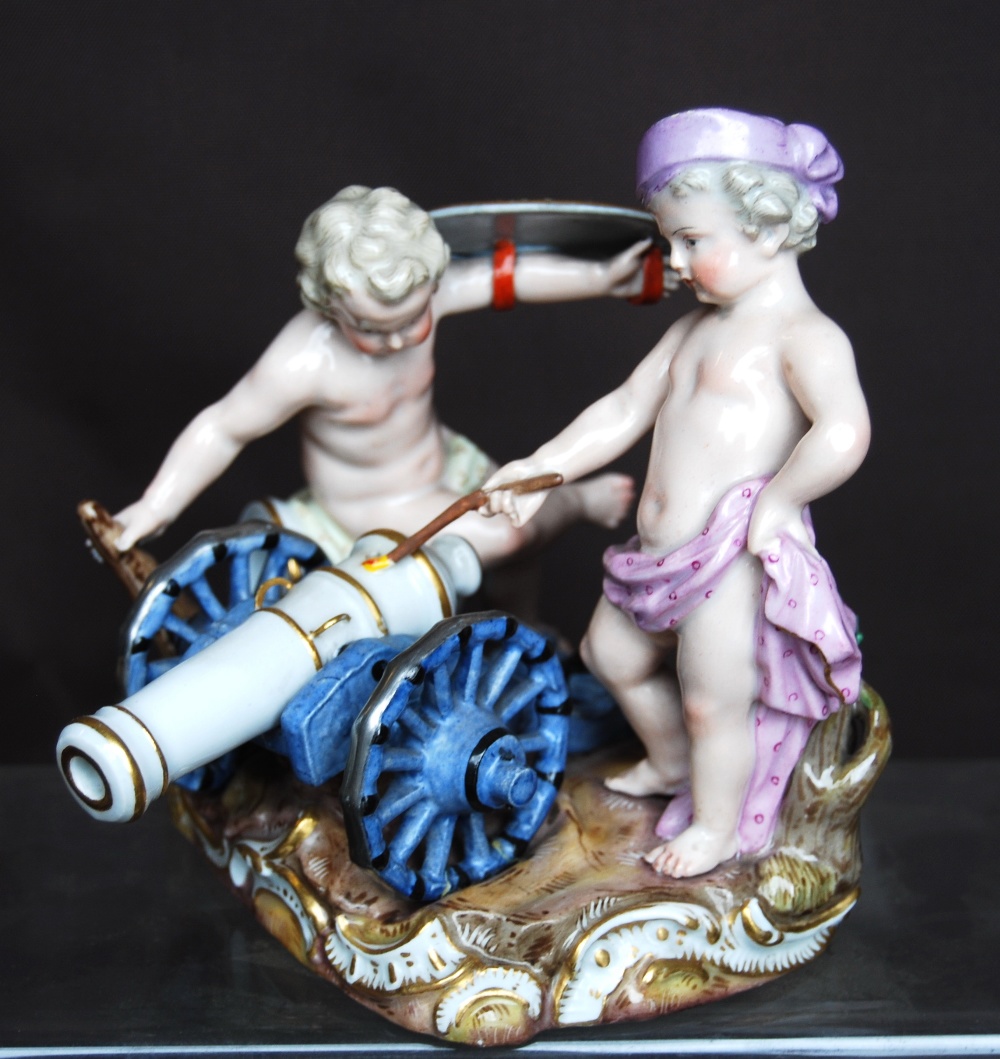 Pair of Meissen figure groups, each of two semi clad children playing at soldiers, one group with - Image 2 of 8