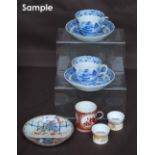 Three Miles Mason blue and white chinoiserie saucers with six cups to match, together with various