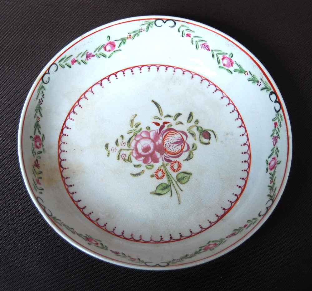 Late 18th century English porcelain tea bowl with two saucers, polychrome rose sprays & swags, - Image 6 of 13