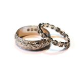 18ct white gold band ring engraved with ivy leaves upon matting, 1957, 7.4g, and another, 9ct, 2g,