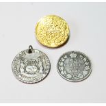 Indian gold coin, now with brooch pin, 10.8g gross, also a Russian 25 Kopek, 1839, and another, both