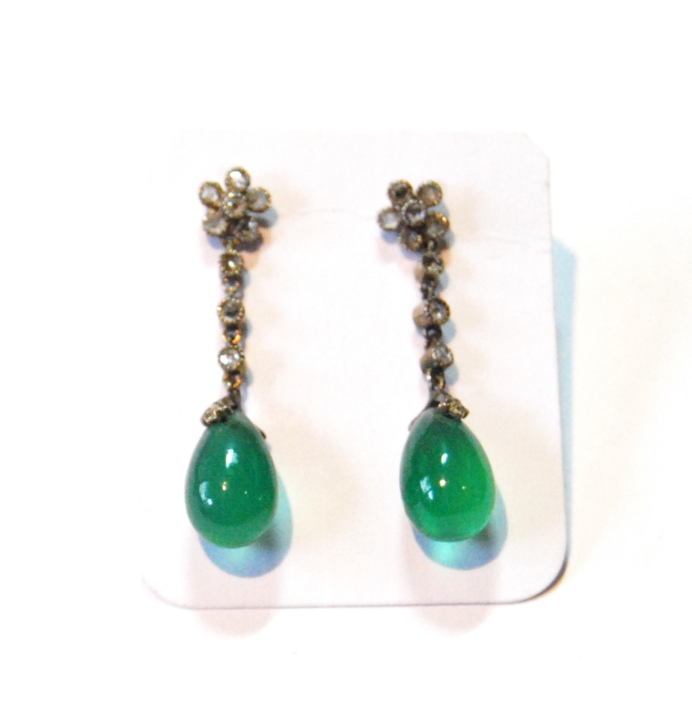 Pair of chrysoprase drop earrings with mounts, cluster and row of tiny rose diamonds, yellow and