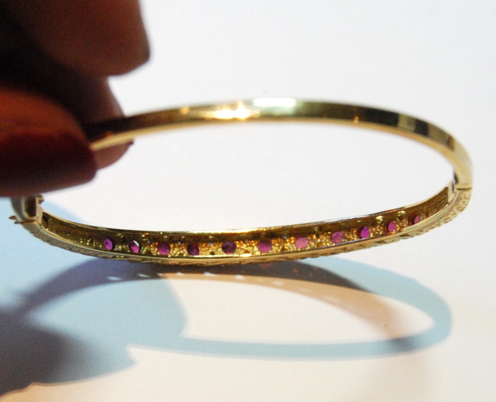 9ct gold hinged bangle with diamonds and rubies, 11.9g. - Image 3 of 3