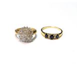 Diamond princess cluster ring and another with three sapphires, 9ct gold, sizes L and Q, 6.6g.