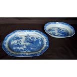 Large 19th century Staffordshire blue and white 'Willow' pattern ashet of canted rectangular form,