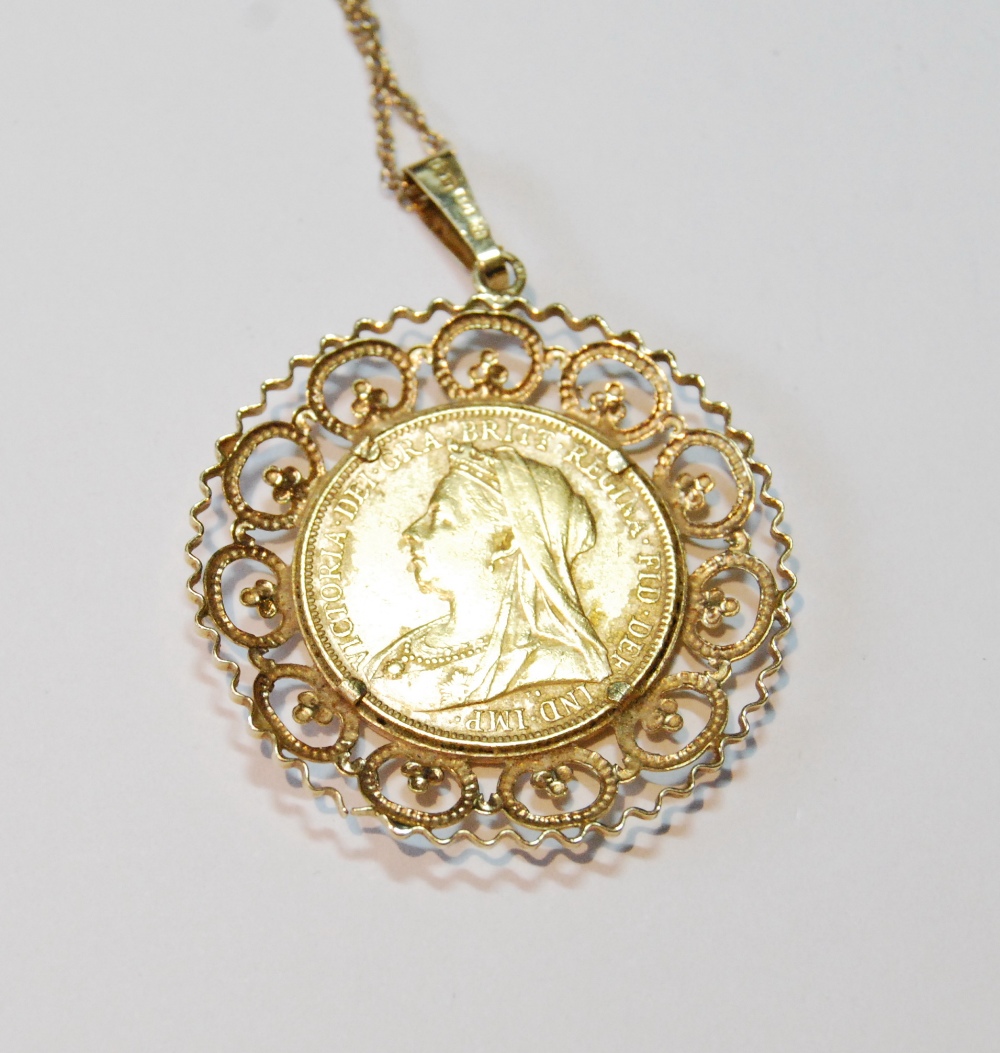 Sovereign, 1898, 9ct gold detachable mount with necklet, 11.8g. - Image 2 of 2