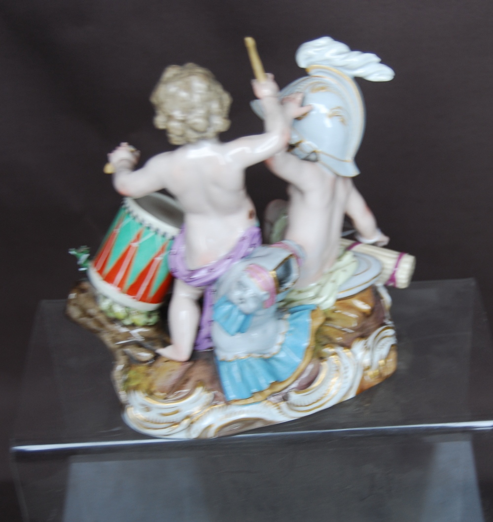 Pair of Meissen figure groups, each of two semi clad children playing at soldiers, one group with - Image 7 of 8