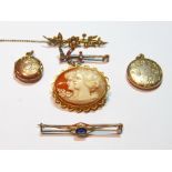 Cameo brooch in gold, '9ct', two lockets, a crop and horseshoe brooch with rubies and diamonds,