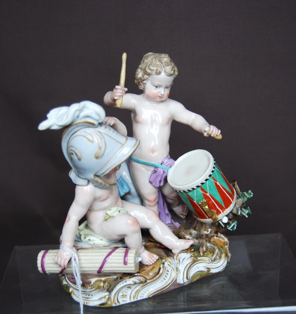 Pair of Meissen figure groups, each of two semi clad children playing at soldiers, one group with - Image 5 of 8
