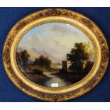 19th century oval reverse glass painting of a continental scene, fishing on the river, 36cm x 46cm.