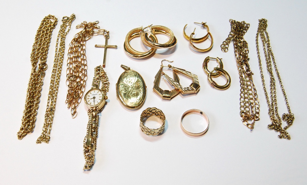 9ct gold band ring, another, a lady's watch and various necklets and other items of 9ct gold,