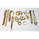 9ct gold band ring, another, a lady's watch and various necklets and other items of 9ct gold,