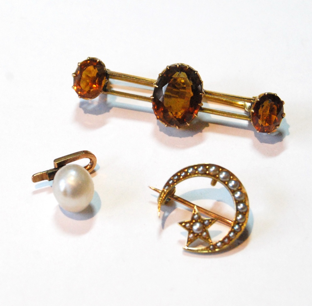 Victorian gold brooch with three citrines, another, crescent and star, and a pearl stud.  (3)