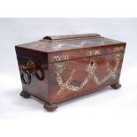 19th century rosewood and mother of pearl inlaid tea caddy enclosing two boxes and later mixing