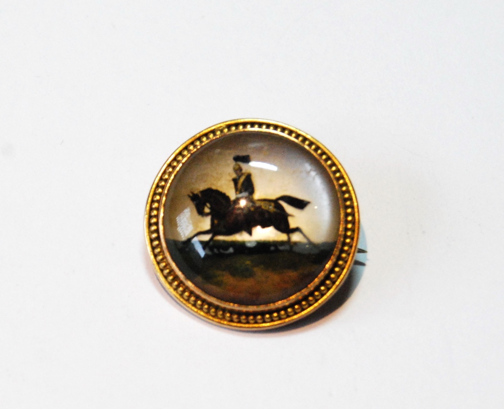 Victorian Essex crystal brooch with cavalryman upon a pearl background, in beaded gold, 22mm