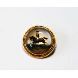 Victorian Essex crystal brooch with cavalryman upon a pearl background, in beaded gold, 22mm