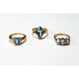 Two blue spinel rings and another, with three, all 9ct gold, sizes N, O and P.