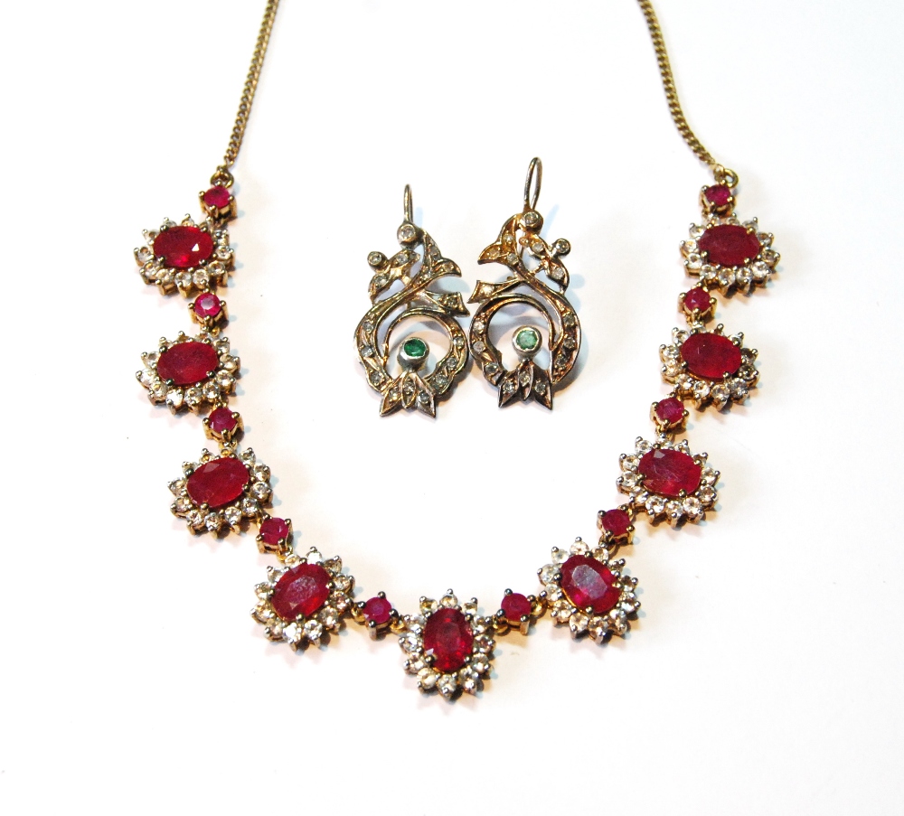 Silver gilt necklace with graduated ruby and white sapphire clusters, also a pair of similar drop