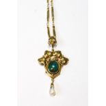 Gold pendant of Art Nouveau style with turquoise and pearl drop, on gilt necklet, pendant 4.5g.