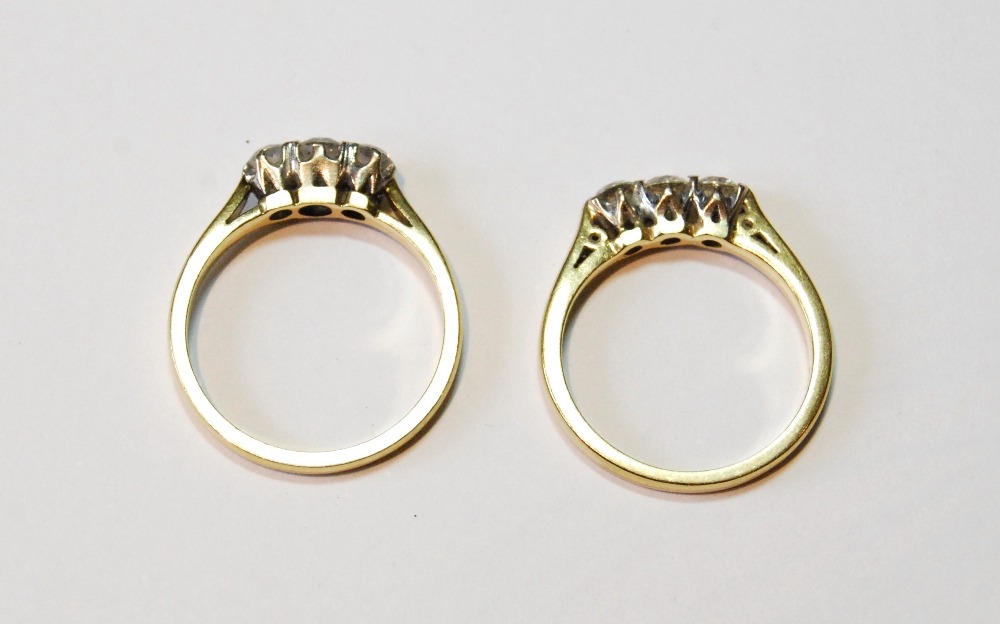 Two diamond three-stone rings in 18ct gold, sizes L and N. - Image 2 of 2
