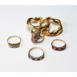 Four gem rings in 9ct gold and a pair of similar earrings.   (6)