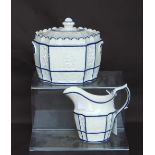 19th century creamware milk jug and sugar box of faceted form, possibly Yorkshire, each with dark