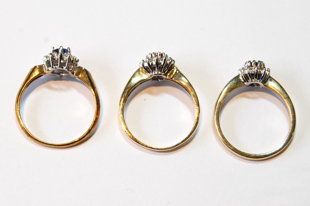 Two diamond and sapphire oval cluster rings and another, with ruby, in 9ct gold, sizes N, O and O½. - Image 2 of 2
