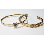 9ct gold hinged bangle with gem-set heart snap and another, ribbed, with a square of small diamonds,