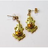 Pair of Victorian gold drop earrings of beaded fan shape, c. 1870, probably 15ct, 2.8g.