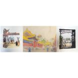 Set of ten Chinese prints depicting street scenes and a sketch of Peipin Forbidden City.   (11)