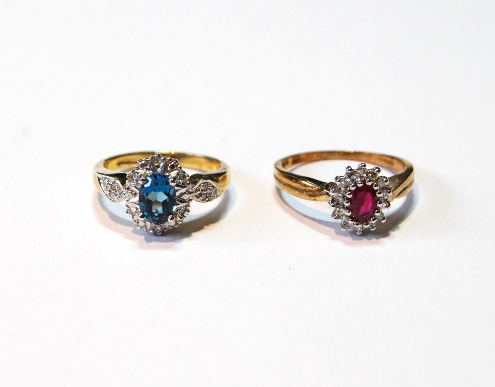 Diamond and spinel oval cluster ring and another, with ruby, both 9ct gold, sizes L and O, 6.3g.
